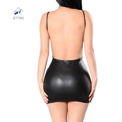 Sexy Glossy Faux Leather Dress Backless Club Party Short Shaping Dress Solid Black Wet Look Bodycon Push Up Bra Latex Mini Dress 2025