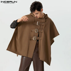 2025 Men Cloak Coats Solid Color Hooded Button Irregular Trench Ponchos Streetwear Loose Fashion Casual Male Cape S-5XL INCERUN