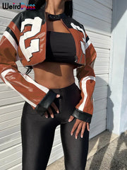 Faux Leather Varsity Jacket Women Hipster Letter Print Casual Sporty Wild Streetwear Uniform Trend Crop Coat