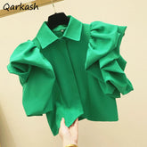 Women's Kawaii Puff Sleeve Crop Top – Vintage Aesthetic Ruffle Shirt | Korean Style Summer Fashion 2025