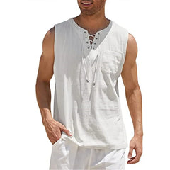 Men’s Sleeveless Casual Vest – Retro V-Neck, Lace-Up Front, Solid Color, Comfortable Loose Fit