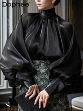 French Style Lantern Sleeve Shirt Women Turtleneck Ribbon Bowknot Shirt Streamer Organza Top Female