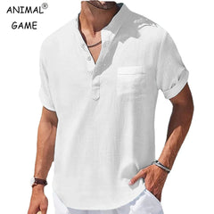 Men’s Summer Linen Shirt – Stand Collar Short Sleeve Casual Top with Pocket