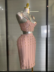 Summer New 2025 Women Sexy Pink Rivet Bandage Two Piece Set Celebrity Evening Party Skirt Suits