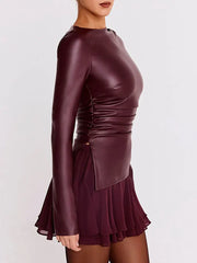 Women's Y2K PU Leather Long Sleeve Top – Slim Fit, Elegant Folded Design, Sexy Autumn/Winter Fashion Shirt