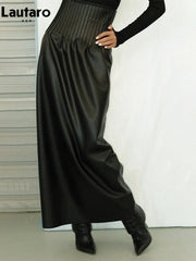 Lautaro-Women's Black Maxi Soft PU Leather Skirt, High Waist, Extra Long, Hot Girl, Luxury Designer Clothes, Elegant, Spring