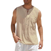 Men’s Sleeveless Casual Vest – Retro V-Neck, Lace-Up Front, Solid Color, Comfortable Loose Fit