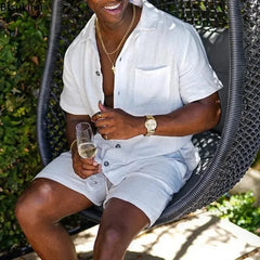 Men's Cotton Linen Casual Sets Fashion Short-sleeved Loose Shirt and Shorts Two-pieces Sets Men Beach Holiday Outfit