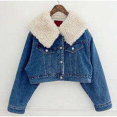 Women's Lambswool Lapel Denim Fleece Jacket Style Cute Quilted Coat For Ladies Fashion Short Cotton Coat Females