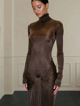 Turtleneck Long Sleeve Bodycon Dress Women Tight Elastic Lace-up Maxi Dresses Winter Evening Party Curvy Robe Red Brown 2025 New