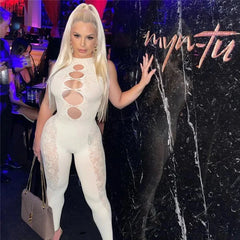 Sleeveless Transparent Party Home Jumpsuits Women Glitter High Stretch Skinny Hollow Out Bodycon Rompers Sexy Party Bodysuit