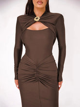 Women's Sexy Hollow Out Ruched Maxi Dress – Elegant Slim Fit Long Sleeve Slit Gown for Autumn/Winter Parties & Evenings