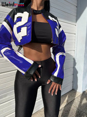 Faux Leather Varsity Jacket Women Hipster Letter Print Casual Sporty Wild Streetwear Uniform Trend Crop Coat