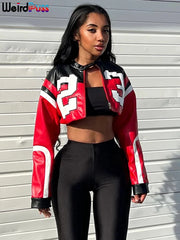 Faux Leather Varsity Jacket Women Hipster Letter Print Casual Sporty Wild Streetwear Uniform Trend Crop Coat