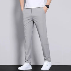 Ultra-thin Elastic Men's Casual Trousers Summer Quick-drying Ice Silk Slim Straight Business Solid Color Trousers Black Gray
