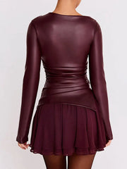 Women's Y2K PU Leather Long Sleeve Top – Slim Fit, Elegant Folded Design, Sexy Autumn/Winter Fashion Shirt