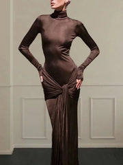 Turtleneck Long Sleeve Bodycon Dress Women Tight Elastic Lace-up Maxi Dresses Winter Evening Party Curvy Robe Red Brown 2025 New