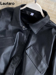 Lautaro Women's Short PU Leather Jacket – Black, Lightweight & Soft | Puff Sleeve, Casual Loose Fit