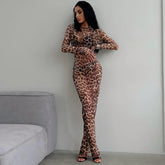 Dress Summer Women Leopard Print Mesh O Neck Long Sleeve Sexy See Through Maxi Fashion Outfits Beach Vacation Nightclub