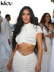 kliou All Season Knite Striped Patchwork Women Tops Trendy Short Sleeve Sheer Bare Midriff Female Concise Street Style Clothing