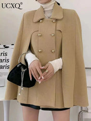 Elegant Knitted Coat Lapel Double Breasted Loose Casual Thick Warm Cape Jacket Women 2025