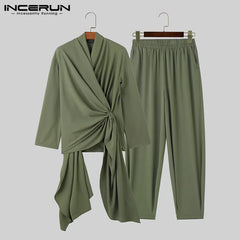 Men Irregular Sets Solid V Neck Long Sleeve Lace Up Shirt & Pants Two Pieces Sets Streetwear Men Casual Suits S-5XL INCERUN