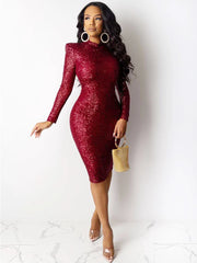 Sexy Women's Sequin Mid Length Dress Nightclub Party Long Sleeved Round Neck Slim Fit Banquet Club High Waisted Pencil Skirt