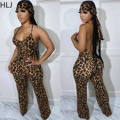 HLJ Sexy Leopard Print Bodycon Jumpsuits Women Thin Strap Sleeveless V Neck Wide Leg Pants Playsuit Female Overall With Scarf