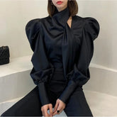 Women Vintage Luxury Chic Satin Shirt Office Lady Ribbon Design Elegant Blouse Spring Autumn Solid Long Sleeve Slim Tops