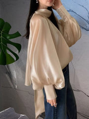 French Style Lantern Sleeve Shirt Women Turtleneck Ribbon Bowknot Shirt Streamer Organza Top Female