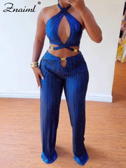 Women's 2-Piece Bandage Set – Hollow Out Crop Top & Wide-Leg Pants Nightclub Outfit