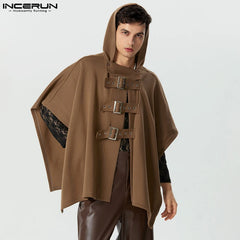 2025 Men Cloak Coats Solid Color Hooded Button Irregular Trench Ponchos Streetwear Loose Fashion Casual Male Cape S-5XL INCERUN