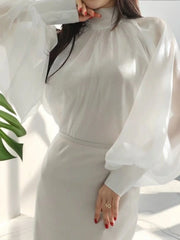 French Style Lantern Sleeve Shirt Women Turtleneck Ribbon Bowknot Shirt Streamer Organza Top Female