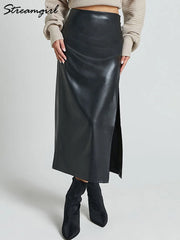 Long Black Leather Skirt With Slit For Women Slim High Waist Bege Office PU Skirts Zipper Women Brown Maxi Skirt Leather Bodycon