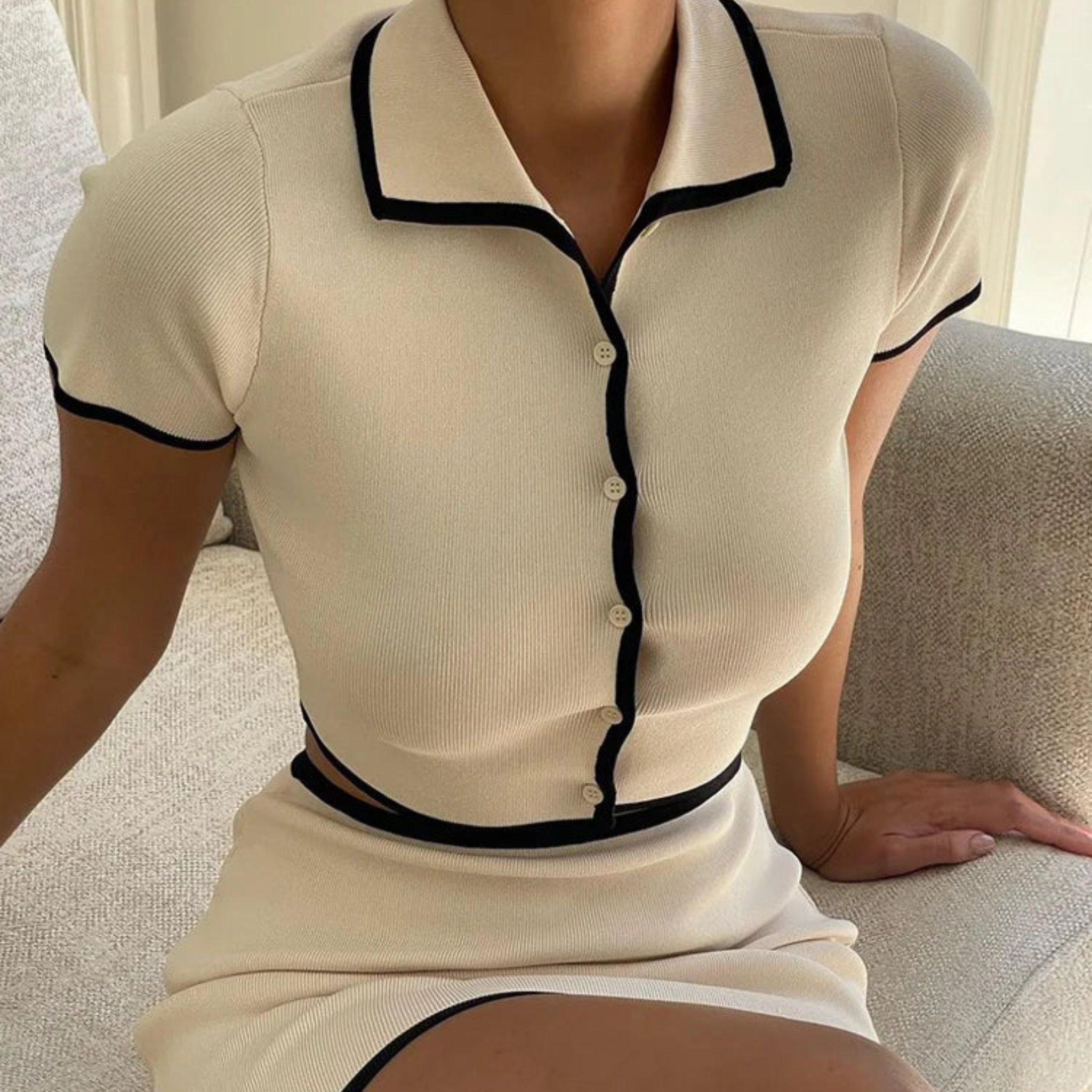 Women's Ribbed Striped Two-Piece Set – Button Top & Hip-Hugging Skirt | Sisterlinda Casual