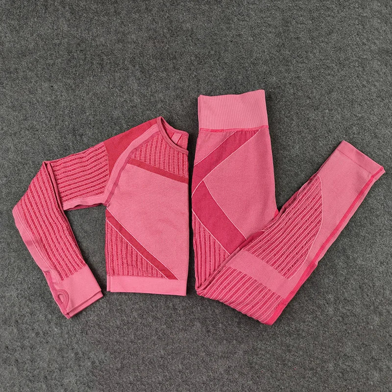 Women Sport Suit 2 Piece Fitness Tracksuit Set Gym Workout Clothes Long Sleeve Crop Top+High Waist Leggings Fitness Yoga Sets