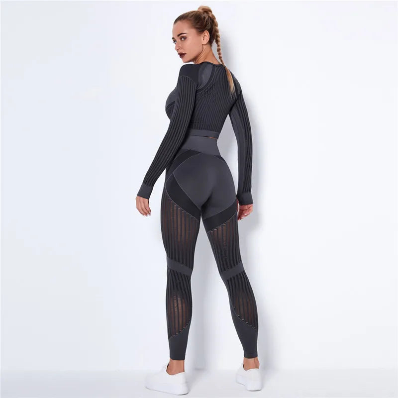 Women Sport Suit 2 Piece Fitness Tracksuit Set Gym Workout Clothes Long Sleeve Crop Top+High Waist Leggings Fitness Yoga Sets