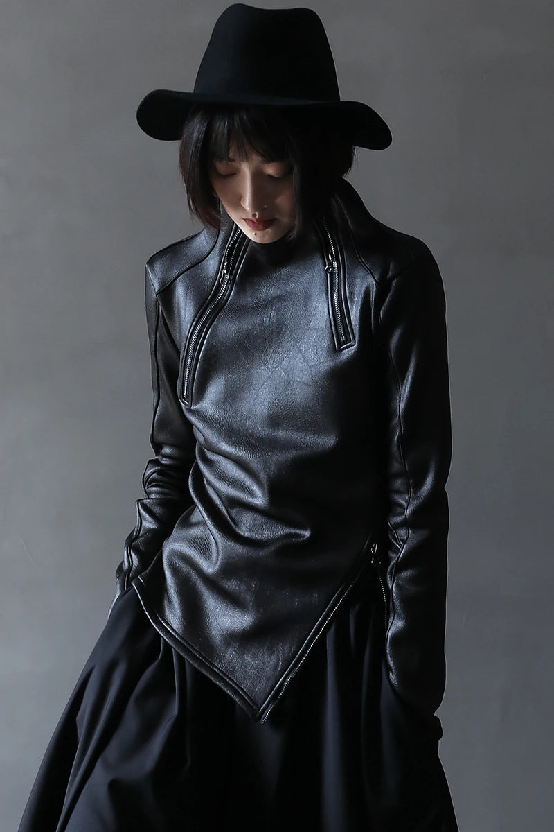 Dark Yamamoto Style Irregular Stand Collar Diagonal Zipper Faux Leather Sweatshirt Female Cool Black Gothic Jacket