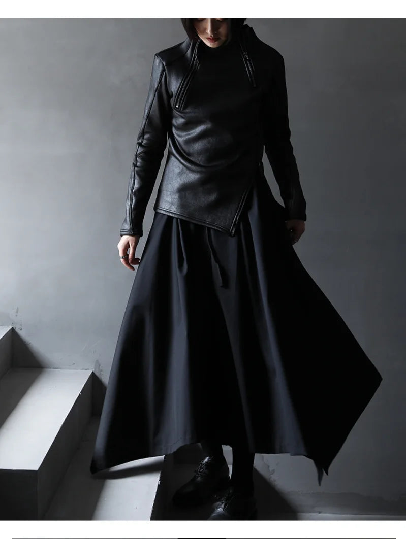 Dark Yamamoto Style Irregular Stand Collar Diagonal Zipper Faux Leather Sweatshirt Female Cool Black Gothic Jacket