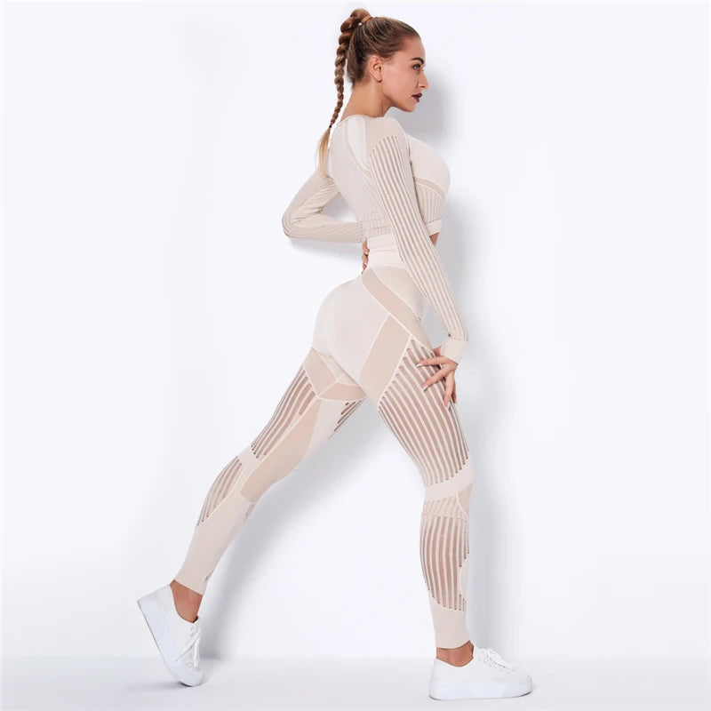 Women Sport Suit 2 Piece Fitness Tracksuit Set Gym Workout Clothes Long Sleeve Crop Top+High Waist Leggings Fitness Yoga Sets