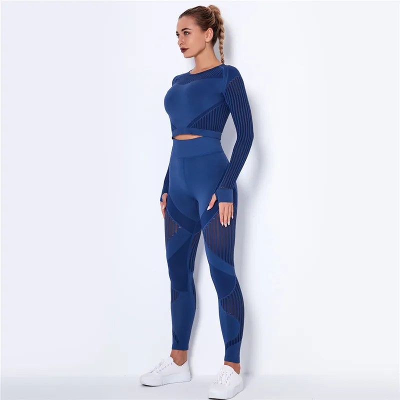 Women Sport Suit 2 Piece Fitness Tracksuit Set Gym Workout Clothes Long Sleeve Crop Top+High Waist Leggings Fitness Yoga Sets