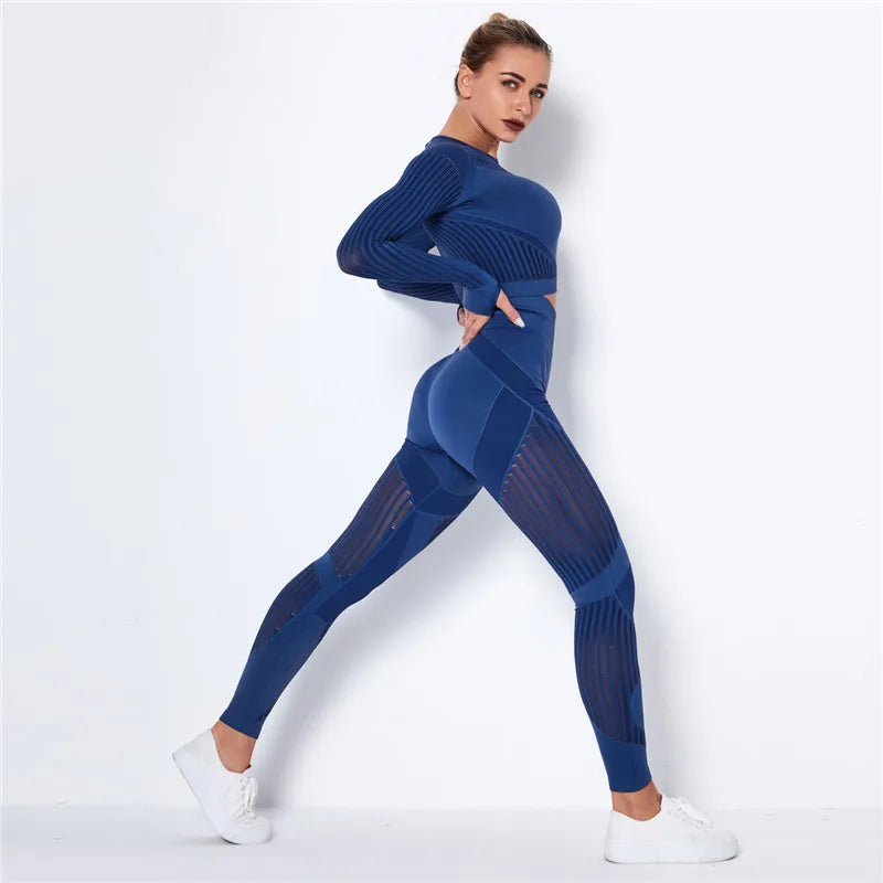 Women Sport Suit 2 Piece Fitness Tracksuit Set Gym Workout Clothes Long Sleeve Crop Top+High Waist Leggings Fitness Yoga Sets