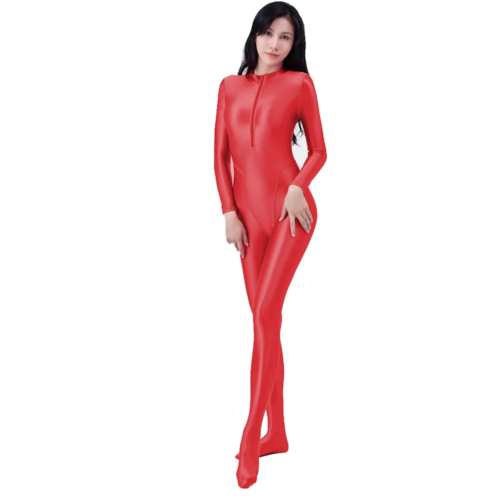 AMORESY Women's Shiny Oil Tights Full-Length Catsuit Front Zipper Yoga Zentai Playsuit Sexy Smooth Casual Jumpsuit