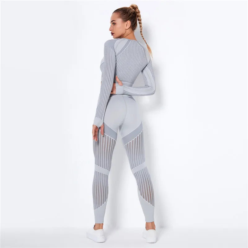 Women Sport Suit 2 Piece Fitness Tracksuit Set Gym Workout Clothes Long Sleeve Crop Top+High Waist Leggings Fitness Yoga Sets