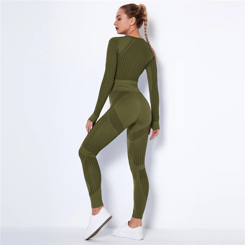 Women Sport Suit 2 Piece Fitness Tracksuit Set Gym Workout Clothes Long Sleeve Crop Top+High Waist Leggings Fitness Yoga Sets