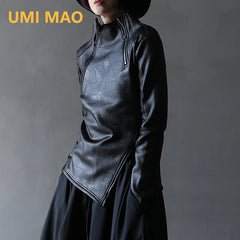 Dark Yamamoto Style Irregular Stand Collar Diagonal Zipper Faux Leather Sweatshirt Female Cool Black Gothic Jacket