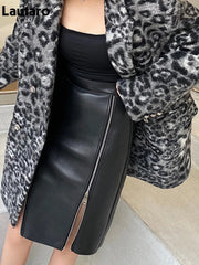 Lautaro Soft Black Pu Leather Midi Skirt Women with Double Slit Zipper High Waist  Style Fashion Streetwear