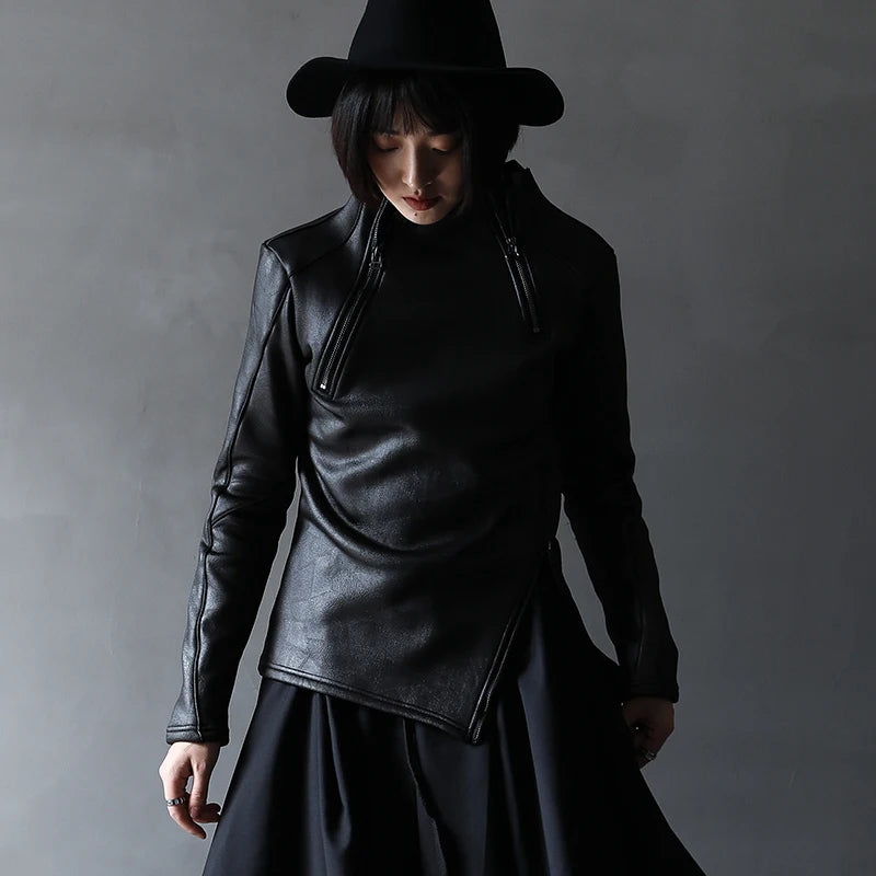 Dark Yamamoto Style Irregular Stand Collar Diagonal Zipper Faux Leather Sweatshirt Female Cool Black Gothic Jacket