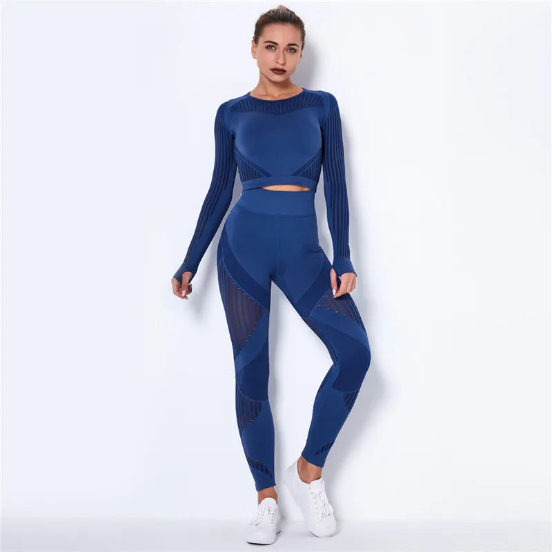 Women Sport Suit 2 Piece Fitness Tracksuit Set Gym Workout Clothes Long Sleeve Crop Top+High Waist Leggings Fitness Yoga Sets