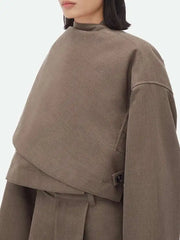 BJTZ Solid Patchwork Button Chic Coats For Women Scarf Collar Long Sleeve Asymmetrical Temperament Jacket Female Style